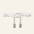 White lace garter belt with metal heart ring and studs, sexy lingerie accessory for women. - One Size / White