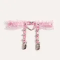Pink lace studded garter belt with heart ring and metal clips, sexy leg ring accessory. - One Size / Pink