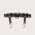 Schwarzer PU-Leder-Beinstrumpfband mit Herzring, Nieten und Clips für Damenmode. - Einzelstück / Schwarz