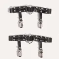 Gothic punk black leather thigh garter with metal heart ring rivets and clips for women. - 1 Pair / Black