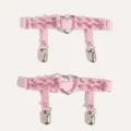 Pink leather garter belt variant with cute heart ring, metal spikes and alloy clips. - 1 Pair / Pink