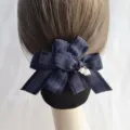 Dark blue ribbon bow hair net bun cover with cute lily of the valley charm for professional use. - Elastic Fine Net / Cyan Blue