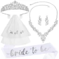 Ensemble d'accessoires de mariée avec tiara, voile lettré, collier, boucles et écharpe. - Ensemble de 5 Pièces Style 10 / Argent