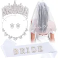 Ensemble de diademe couronne echarpe collier boucles d'oreilles voile mariage fete - Ensemble de 5 Pièces Style 3 / Argent