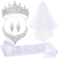 Ensemble d'accessoires de mariée couronne voiles satin collier boucles d'oreilles - Ensemble de 5 Pièces Style 5 / Argent
