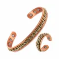 Bracelet magnétique en cuivre et bague, design tressé fait main, réglable ouvert. - Set bracelet et bague / Ensemble en Cuivre Rouge