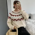 Chic women's heart jacquard knit sweater, autumn winter long sleeve casual pullover top. - S / Tops / Apricot