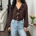 Stylish V-neck long sleeve polka dot ruffle bodysuit shirt in brown color variant option. - S / Tops / Coffee Brown