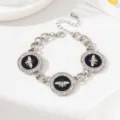 Bracelet argenté abeille avec pendentifs ronds en émail noir et détails en strass pour femmes - Argent Noir Émail Abeille