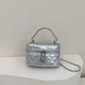 Silver mini quilted chain vanity bag, stylish shoulder crossbody cosmetic bag for winter. - Silver
