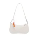 White baguette shoulder bag for women, chic hobo handbag with cute bead pendant accessory. - White with Pendant (Sheng-7128)