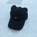 Casquette de Baseball Sherpa Noire Mignons Oreilles d'Ours Duveteuse Chaud Chapeau d'Hiver - Réglable / Noir