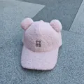 Casquette de baseball rose en laine d'agneau avec oreilles d'ours chapeau chaud d'hiver - Réglable / Rose
