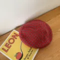 Red plaid beret for women, Japanese vintage style painter hat, lightweight summer accessory. - M (56-58cm) / Red Plaid