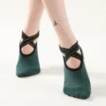 Women's Dark Green Yoga Socks with Gold Thread Cross Straps Non-Slip Fitness - One Size / Dark Green