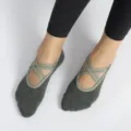 Grey cross strap yoga socks, non-slip design for indoor fitness and pilates workout. - One Size / Dark Gray