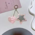 Pink marbled acrylic heart comb and star mirror keychain detail view, cute bag pendant accessory. - Pink