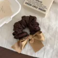 Retro Maillard brown leopard print fabric hair scrunchie with elegant satin bow design. - 1# Deep Brown Bow
