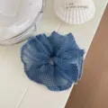 Korean style blue gingham sheer scrunchie with ruffled lace trim, elegant hair accessory. - S / Blue