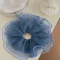 Blue Gingham Mesh Hair Scrunchie Double Layer Ruffled Hair Tie Cute Floral Hair Accessory - L / Blue