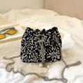Black sequin bucket bag for women stylish shoulder handbag with chain and pearl decor - Silver