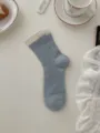 Grijze zomersokken vrouwen katoen ademend geribbeld halverwege de kuit schattig ontwerp casual - Blauwe Basis Sokken