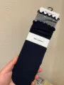 Korean style spliced floral cotton women socks with cute lettuce edge mid tube design. - Navy Blue