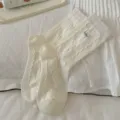 Women white bow mid tube socks sweet college style cute pearl embroidered knit hosiery! - Pearl Embroidery