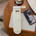 Koreaanse stijl vintage witte damessokken met strik kabelbreipatroon comfortabel. - Wit Met Strik