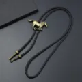 Vintage western cowboy bolo tie detail showcasing the brass horse pendant and braided leather cord. - Antique Bronze + Black PU