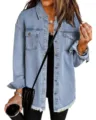 Oversized womens denim jacket casual long sleeve distressed blue jean coat spring style - S / Light Blue