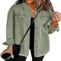 Women Oversized Green Denim Jacket Casual Long Sleeve Distressed Denim Shirt Spring Top - S / Light Green