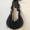 Denim slouchy shoulder bag with gathered strap, casual large capacity hobo handbag variant. - Black