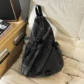Vintage washed denim chest bag for women, casual single shoulder crossbody bag street style. - Black