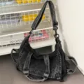 Vintage washed denim motorcycle shoulder bag large capacity casual handbag for women - Black