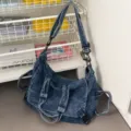 Vintage washed denim shoulder bag, large capacity casual motorcycle crossbody bag for women. - Blue
