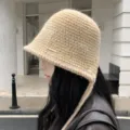 Knit bucket hat close up detail, beige winter warm hat with side strap and metal tag design. - M (56-58cm) / Light Khaki