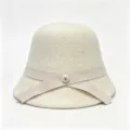 Elegant wool winter bucket hat with stylish ribbon and pearl button detail for women wear. - M (56-58cm) / White