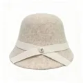 Detail view of beige wool cloche hat with cross ribbon and pearl button for autumn and winter. - M (56-58cm) / Beige