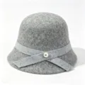 Grey wool bucket hat detail showing vintage bow ribbon and elegant pearl accent for winter. - M (56-58cm) / Light Gray