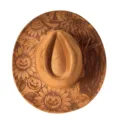 Laser engraved vintage pumpkin Halloween fedora hat, wide brim suede western cowboy hat for women. - M (56-58cm) / Khaki