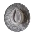 Grey suede wide-brim fedora hat featuring laser-engraved Halloween pumpkin and cow patterns. - M (56-58cm) / Gray