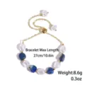 Adjustable pearl and natural stone bracelet with gold chain, elegant daily jewelry style. - Deep Sea Moonstone (S2609-2) / Blue