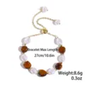 Adjustable pearl and tiger eye stone beaded bracelet in gold finish for women fashion jewelry - Caramel Dusk (S2609-3) / Brown