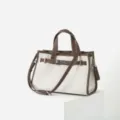 Τσάντα tote καμβά δέρματος, κομψή τσάντα ώμου με μεταλλικό κούμπωμα και λουράκια. - Καφέ
