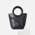 Premium black woven leather handbag with round handle stylish geometric tote bag for women - Black