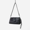 Black genuine leather shoulder underarm bag detail, soft leather handbag with braided charm - Black