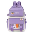 Canvas school backpack for students, cute purple white daypack with badges and clear pocket. - Purple Single Backpack