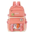 Pink canvas student backpack with cute rabbit plush and transparent front pocket main view - Pink Single Backpack