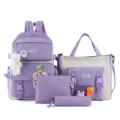 Canvas school backpack set for students, multi-piece purple daypack with cute pendants. - Opaque Purple 4-Piece Set with Pendant and Badges